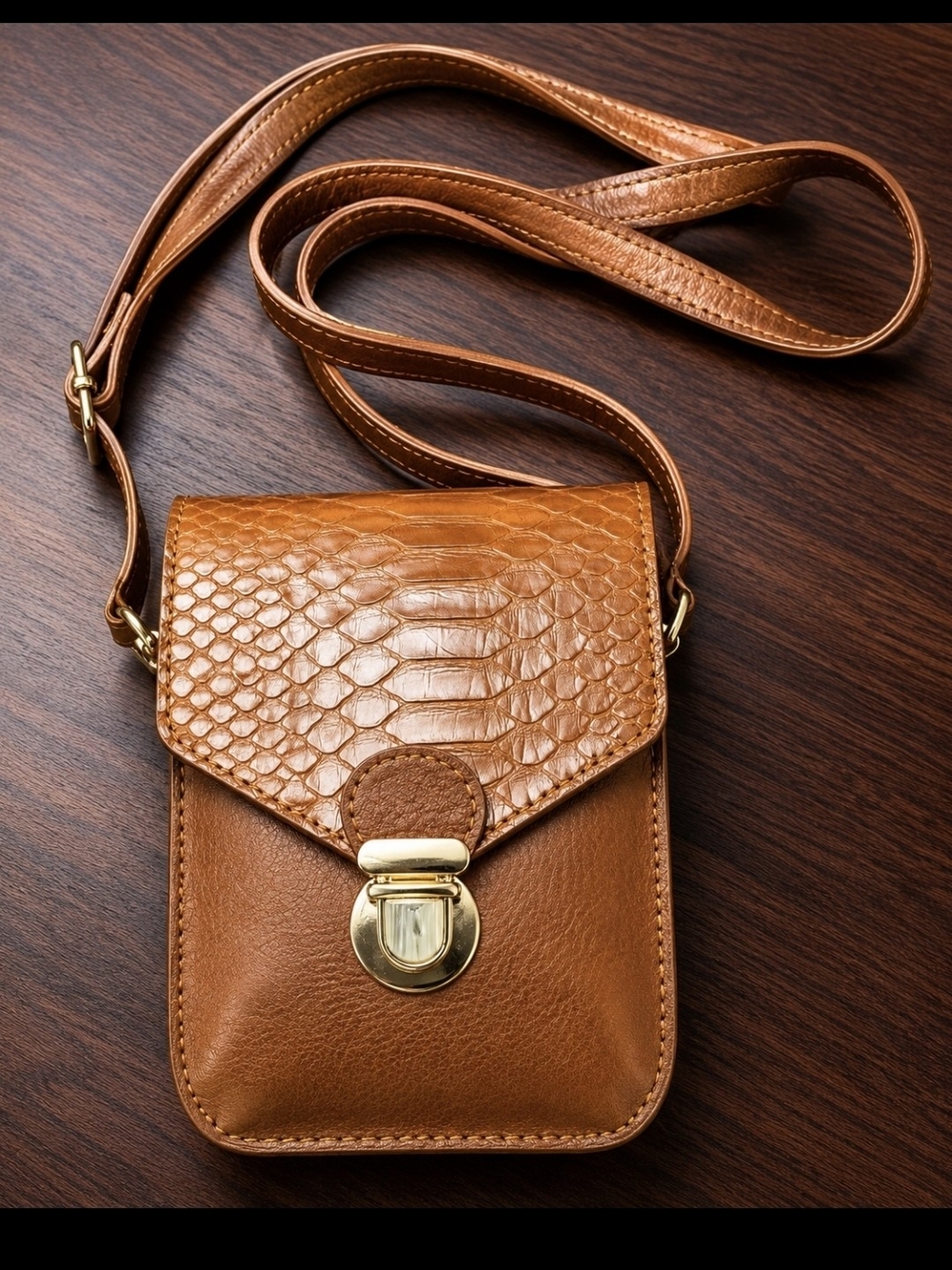Textured Cognac Brown Leather Crossbody Phone Bag